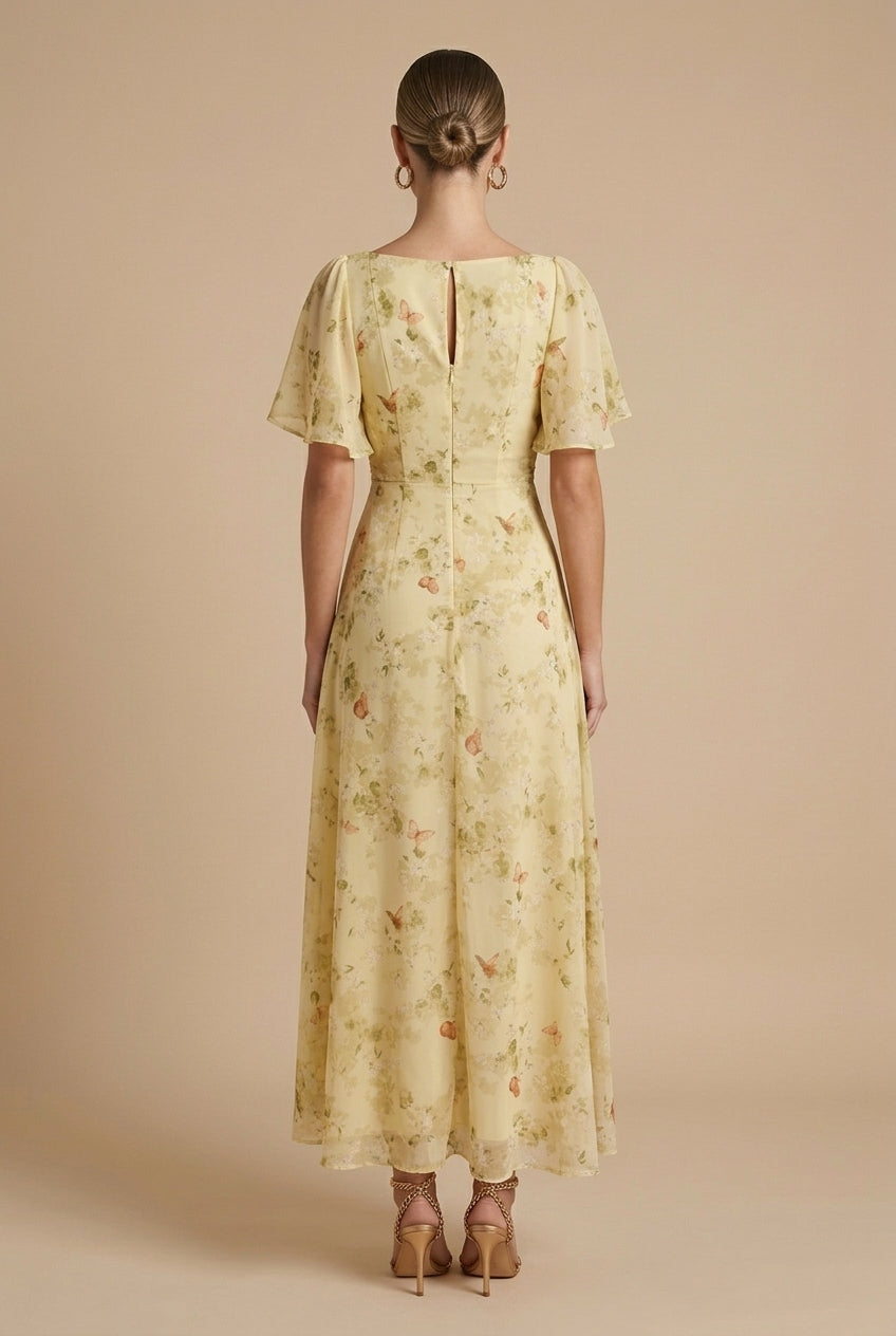 Women's Elegant Floral Maxi Dress Square Neck Flutter Sleeve