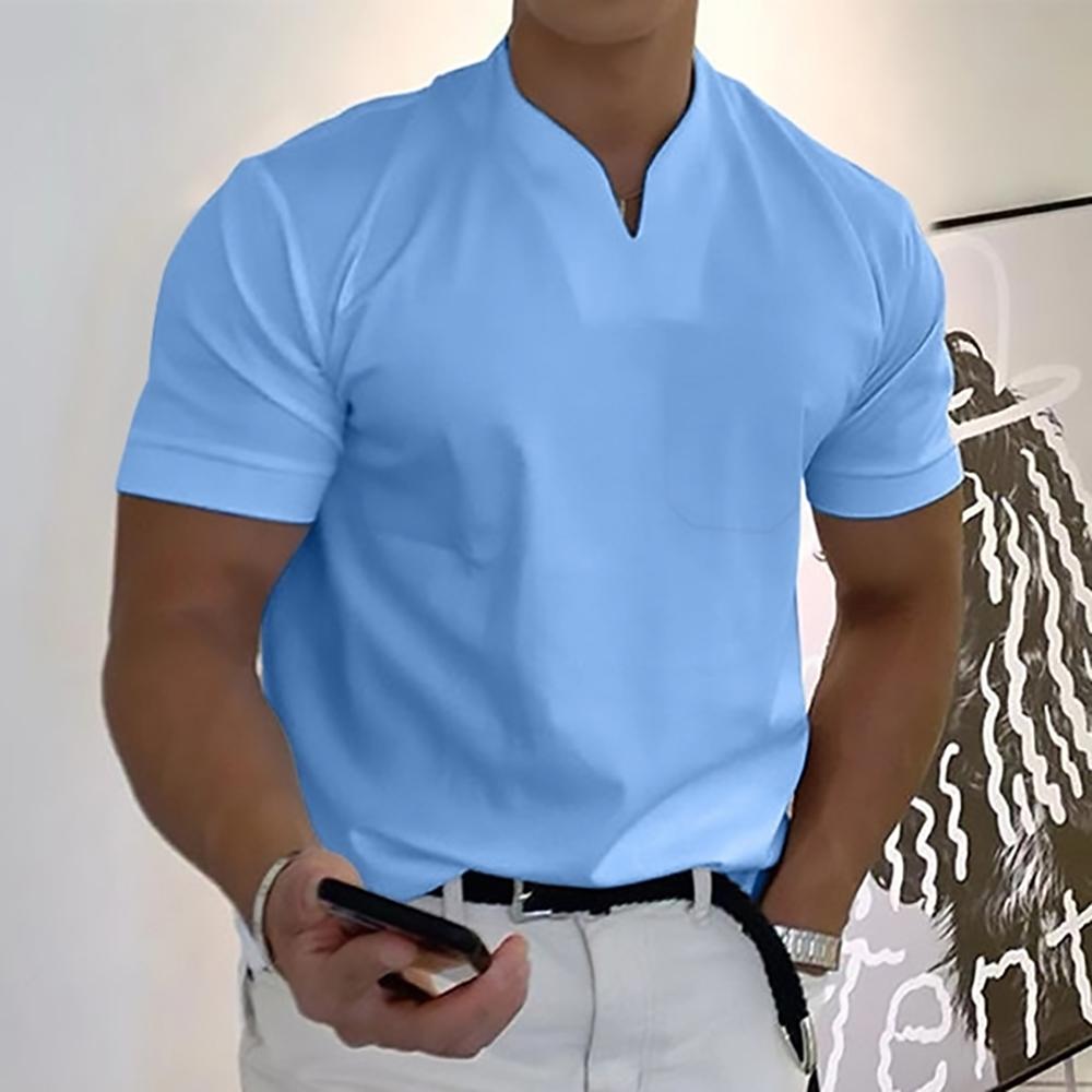 Men's Short Sleeve Collarless V-Neck Polo Shirt with Slim Fit and Plain Design