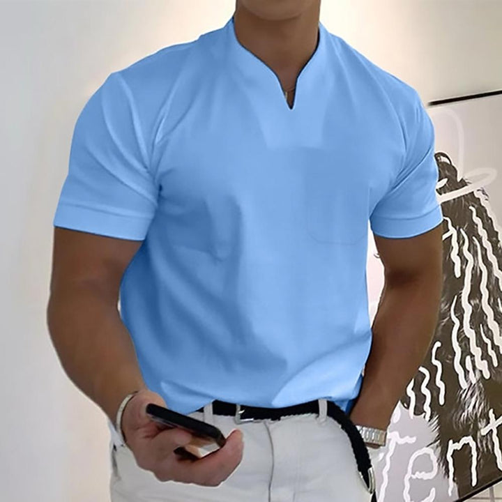 Men's Short Sleeve Collarless V-Neck Polo Shirt with Slim Fit and Plain Design