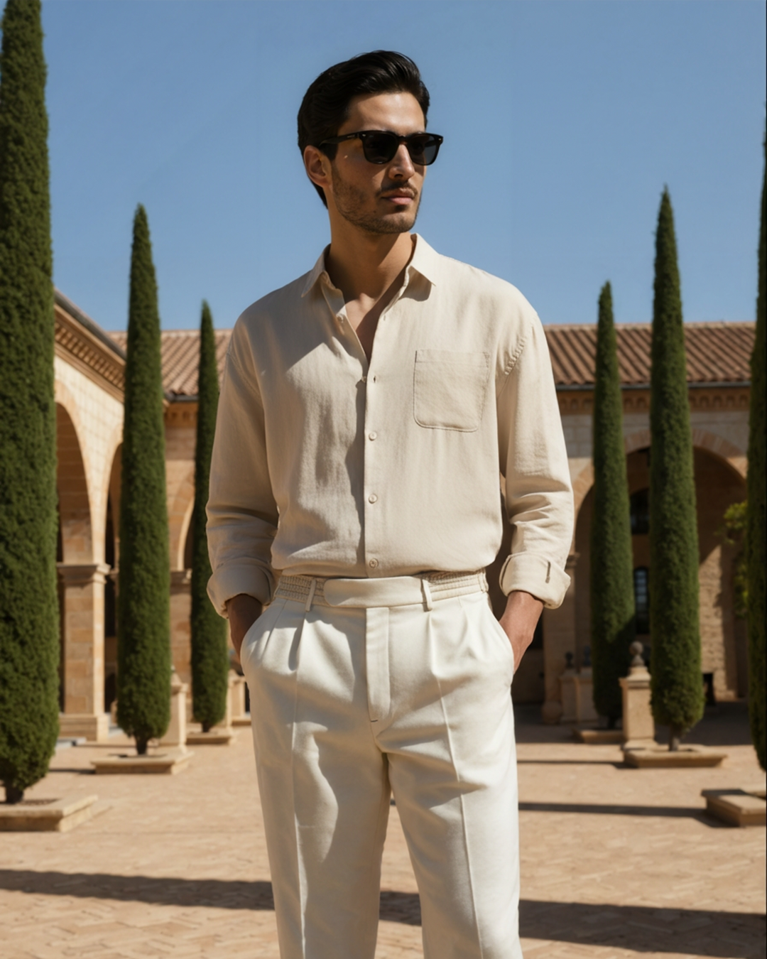 Men's Linen Long Sleeve Button-Down Shirt with Spread Collar and Chest Pocket