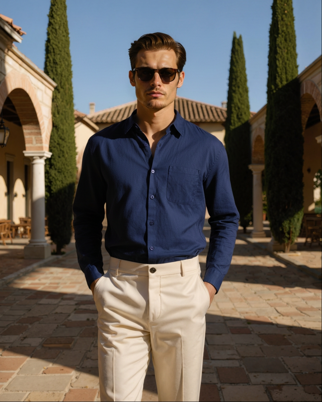 Men's Linen Long Sleeve Button-Down Shirt with Spread Collar and Chest Pocket