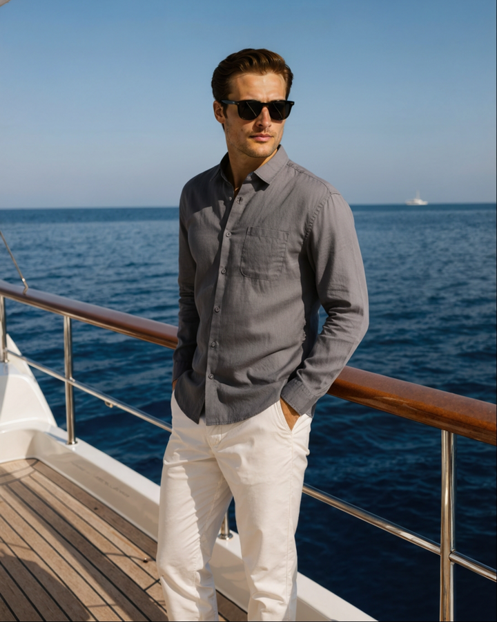 Men's Linen Long Sleeve Button-Down Shirt with Spread Collar and Chest Pocket