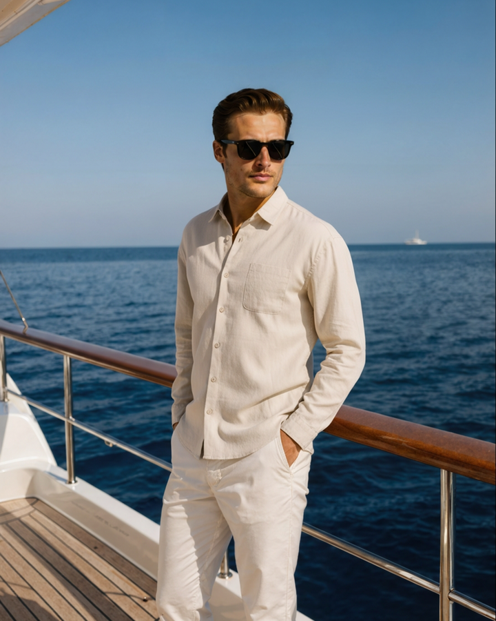Men's Linen Long Sleeve Button-Down Shirt with Spread Collar and Chest Pocket