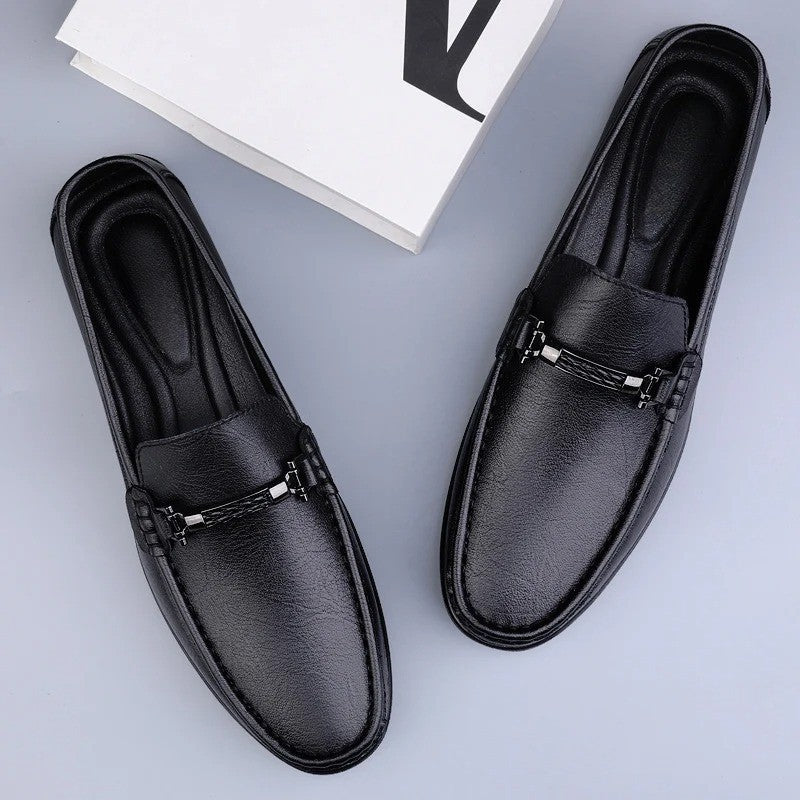 Men's Genuine Leather Slip-On Loafers with Metal Bit Detail and Closed Toe