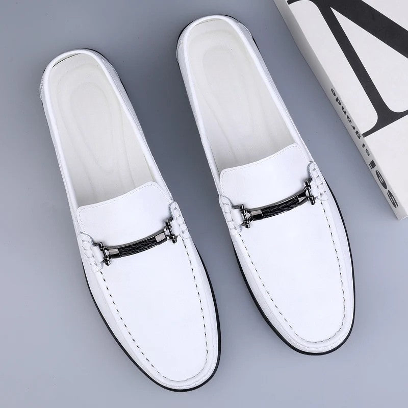 Men's Genuine Leather Slip-On Loafers with Metal Bit Detail and Closed Toe