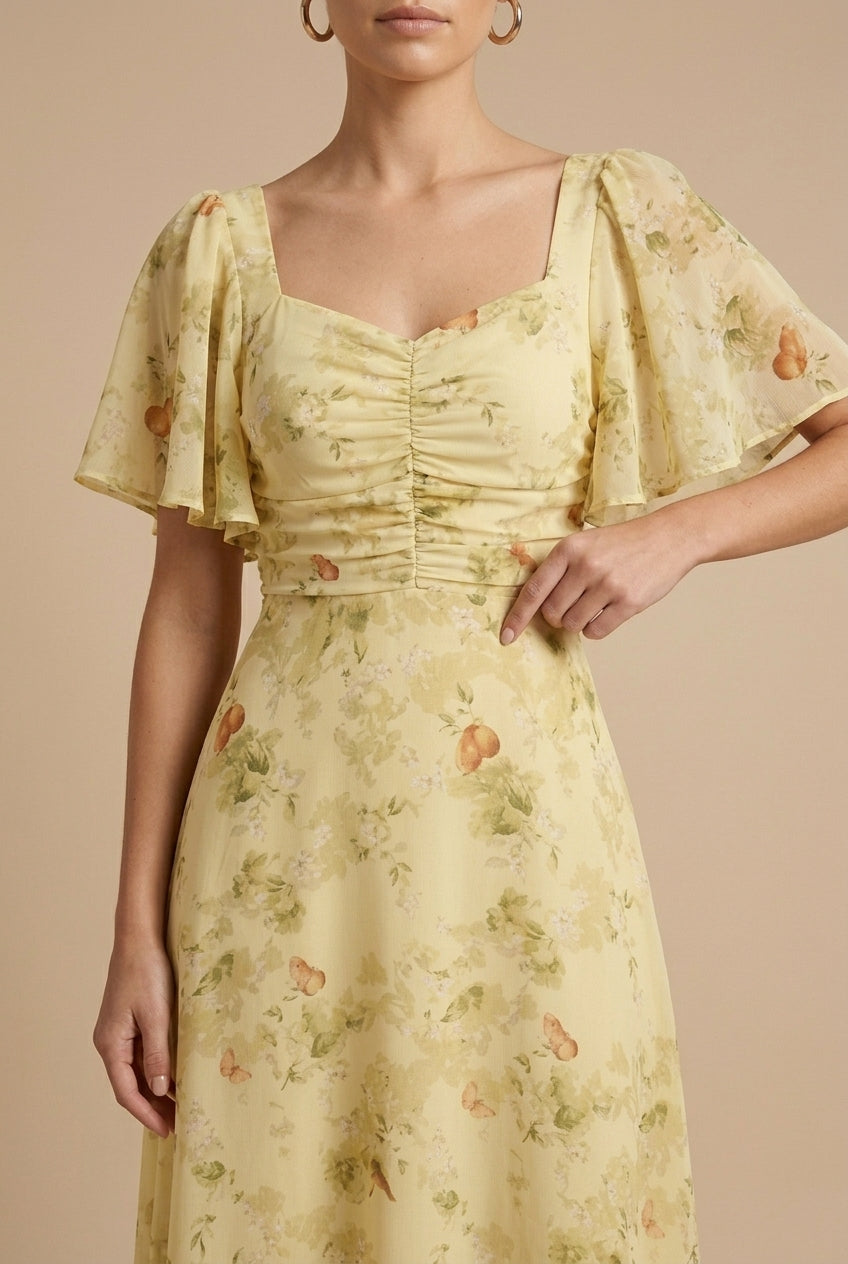 Women's Elegant Floral Maxi Dress Square Neck Flutter Sleeve