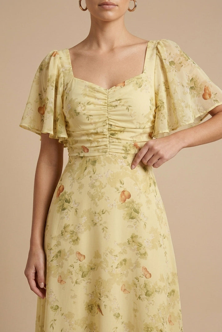 Women's Elegant Floral Maxi Dress Square Neck Flutter Sleeve