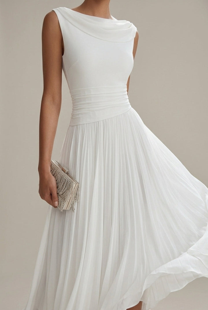 Women's Sleeveless Draped Neckline Pleated Midi Dress with Fitted Bodice