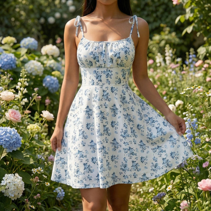 Women's Floral Mini Sundress Square Neck Tie Strap