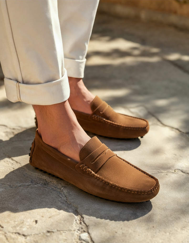 Men's Suede Driver Slip-On Loafers with Penny Strap and Closed Toe