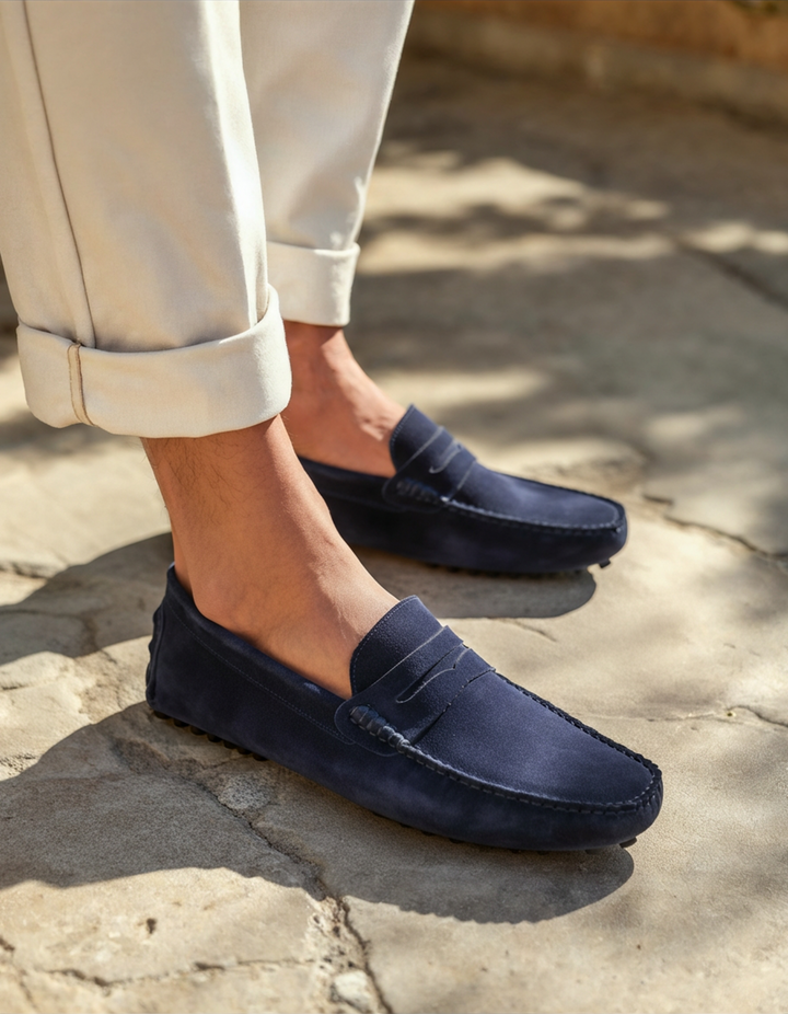 Men's Suede Driver Slip-On Loafers with Penny Strap and Closed Toe