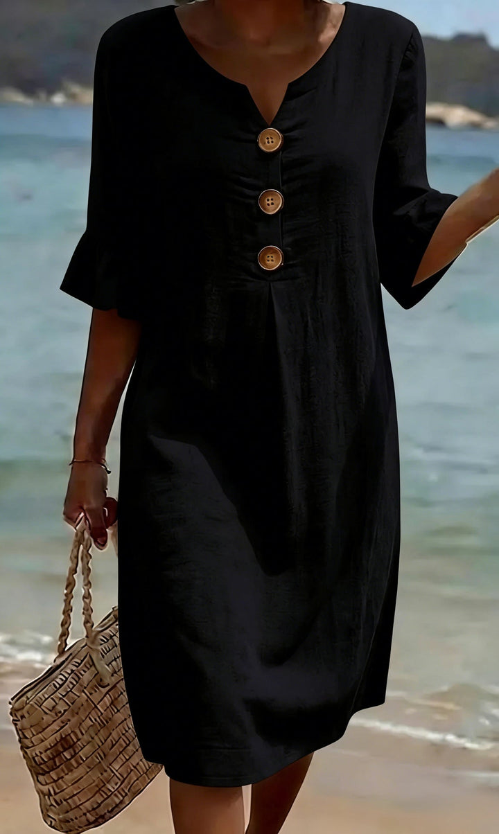 Cotton Linen Midi Dress Flutter Sleeve Button Front V-Neck