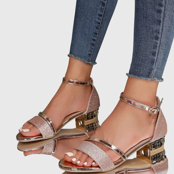 Women's Glitter Block Heel Sandals Ankle Strap Jeweled Heel