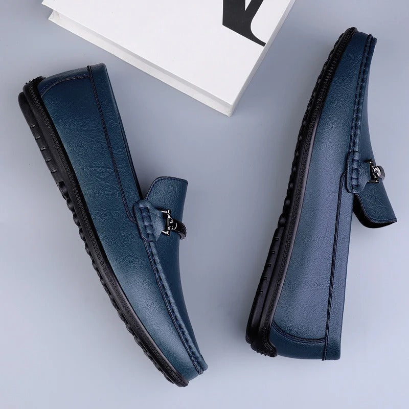 Men's Genuine Leather Slip-On Loafers with Metal Bit Detail and Closed Toe