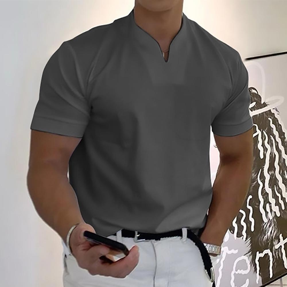 Men's Short Sleeve Collarless V-Neck Polo Shirt with Slim Fit and Plain Design