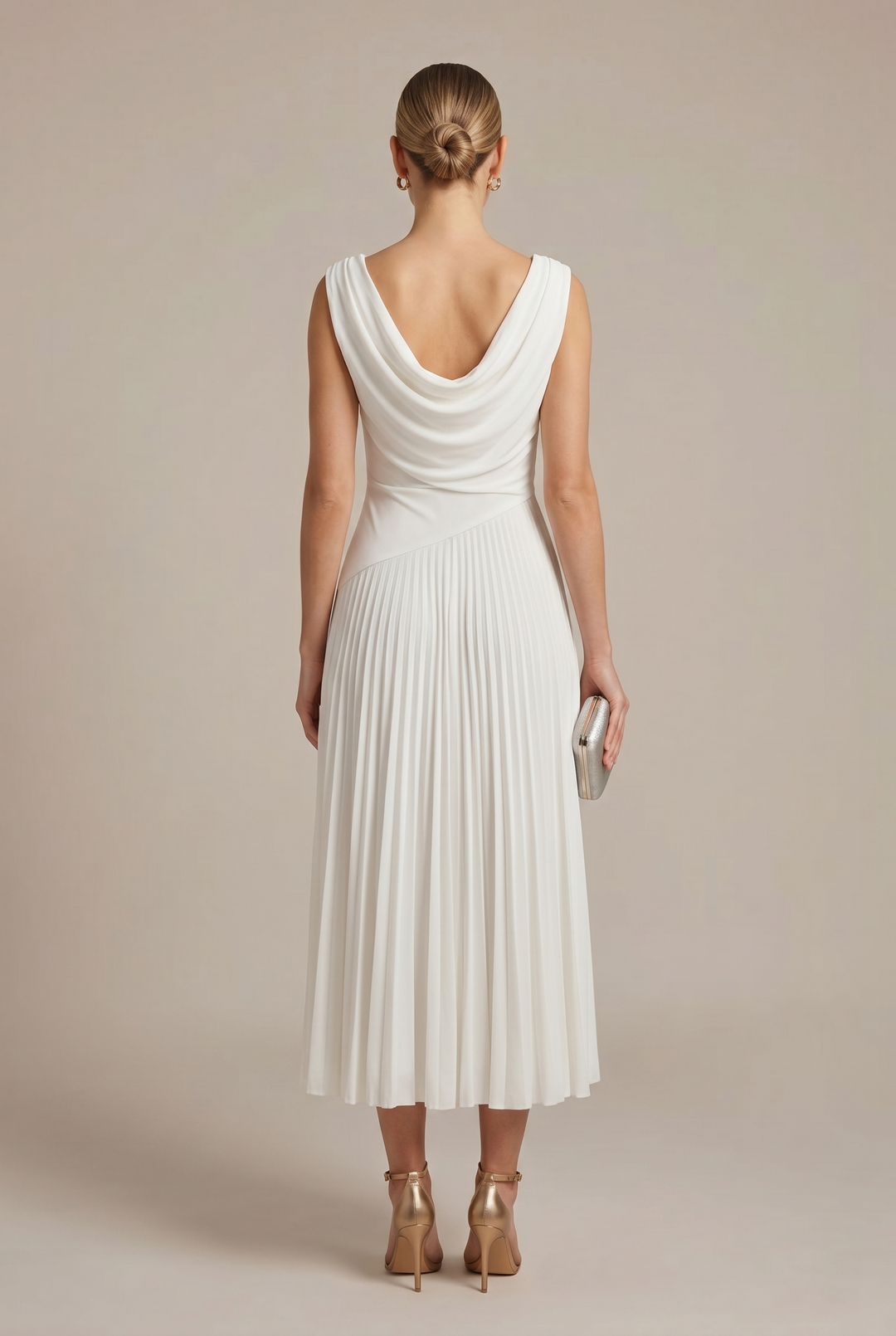 Women's Sleeveless Draped Neckline Pleated Midi Dress with Fitted Bodice