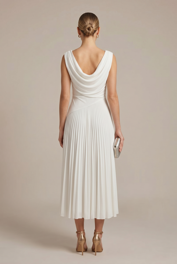 Women's Sleeveless Draped Neckline Pleated Midi Dress with Fitted Bodice