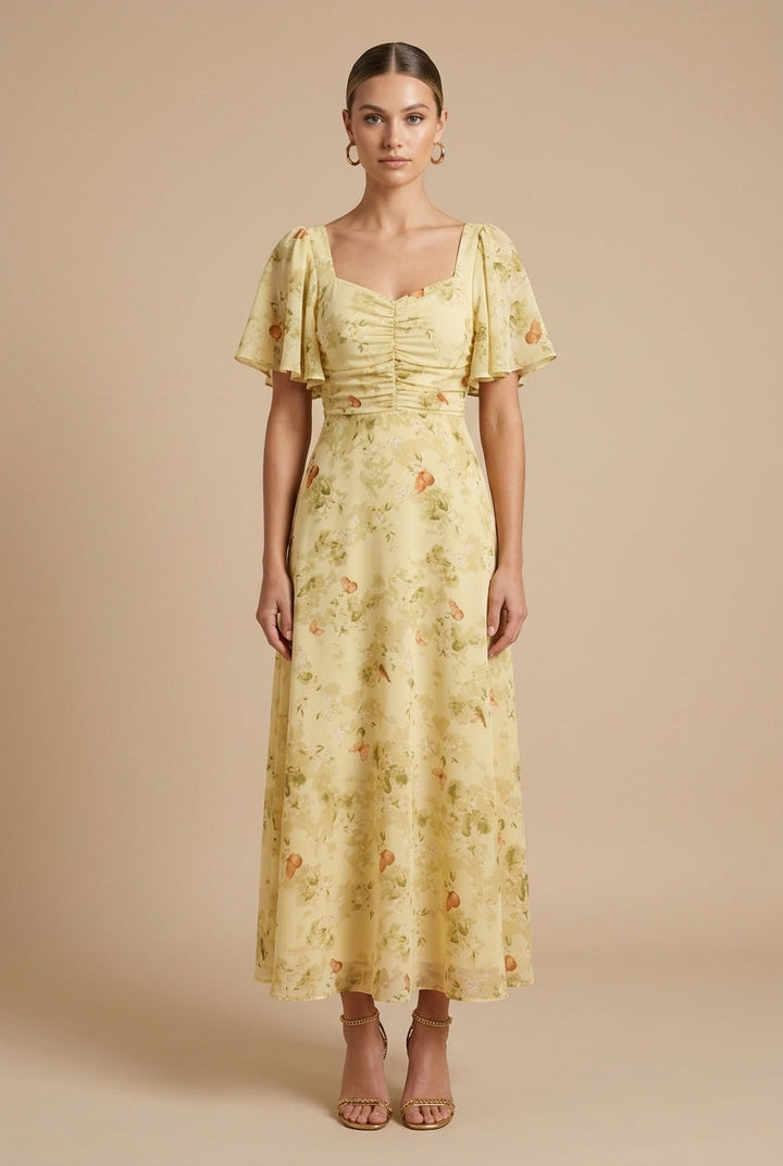Women's Elegant Floral Maxi Dress Square Neck Flutter Sleeve