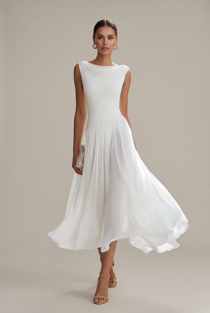Women's Sleeveless Draped Neckline Pleated Midi Dress with Fitted Bodice