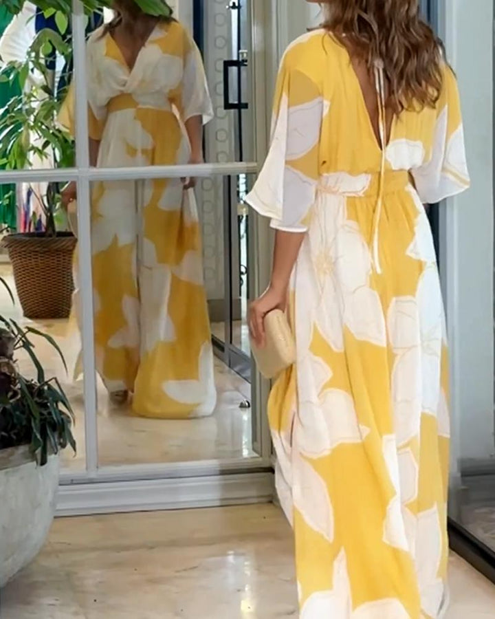 Women's Floral Maxi Dress with Twist Front V-Neck