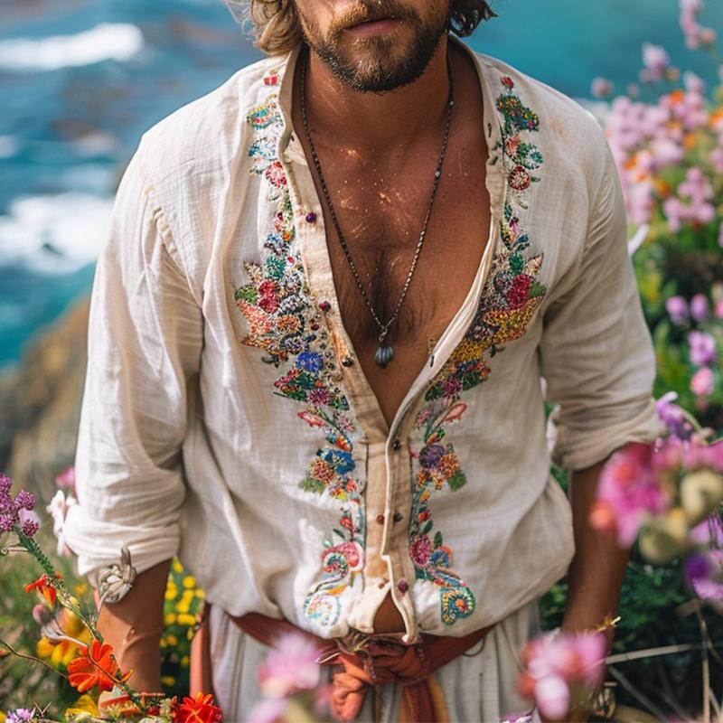 Men's Bohemian Long Sleeve Shirt with Grandad Collar and Floral Embroidery