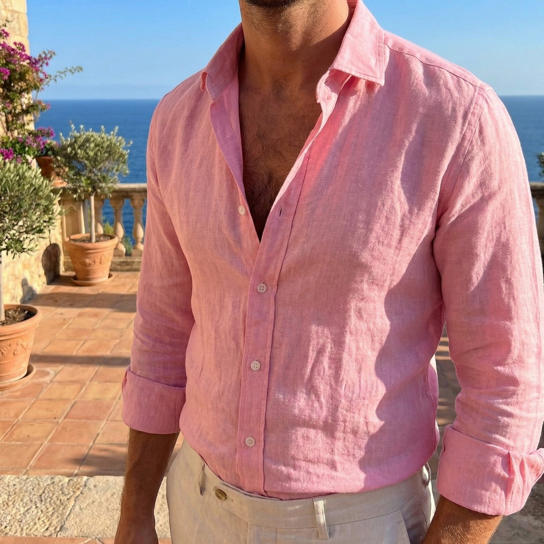 Men's Long Sleeve Button-Down Shirt with Spread Collar and Loose Fit