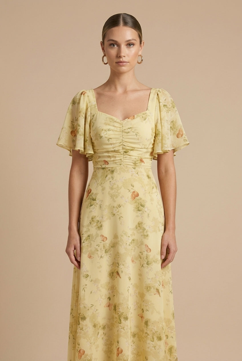 Women's Elegant Floral Maxi Dress Square Neck Flutter Sleeve