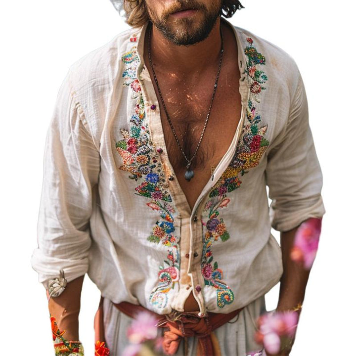 Men's Bohemian Long Sleeve Shirt with Grandad Collar and Floral Embroidery