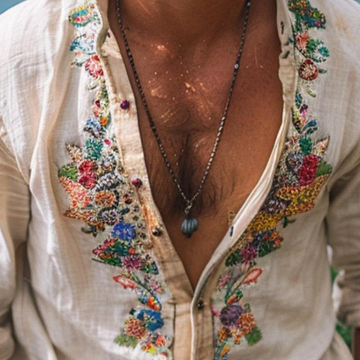 Men's Bohemian Long Sleeve Shirt with Grandad Collar and Floral Embroidery