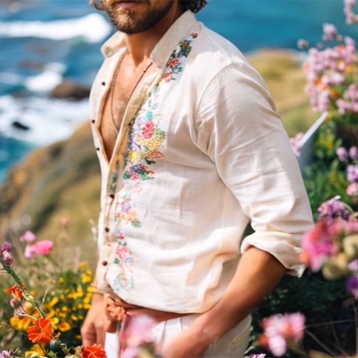 Men's Bohemian Long Sleeve Shirt with Grandad Collar and Floral Embroidery