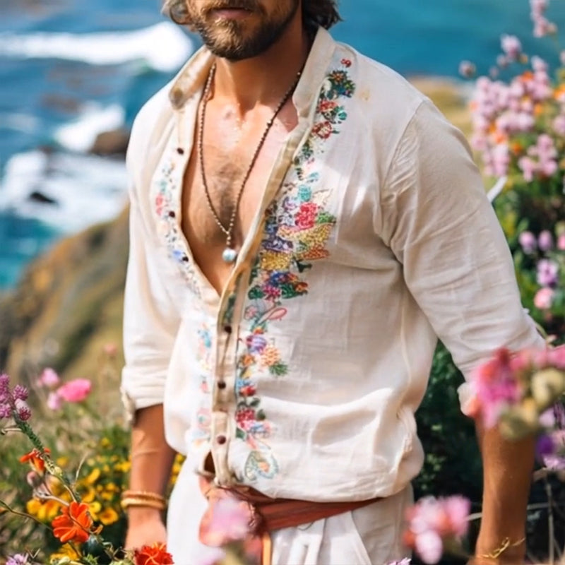 Men's Bohemian Long Sleeve Shirt with Grandad Collar and Floral Embroidery