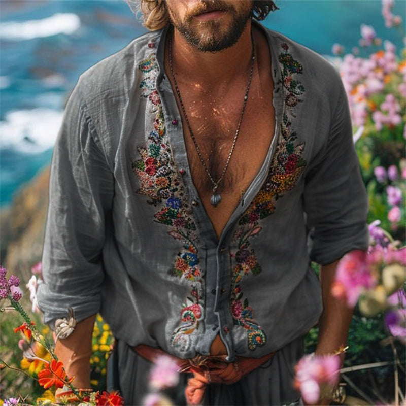 Men's Bohemian Long Sleeve Shirt with Grandad Collar and Floral Embroidery