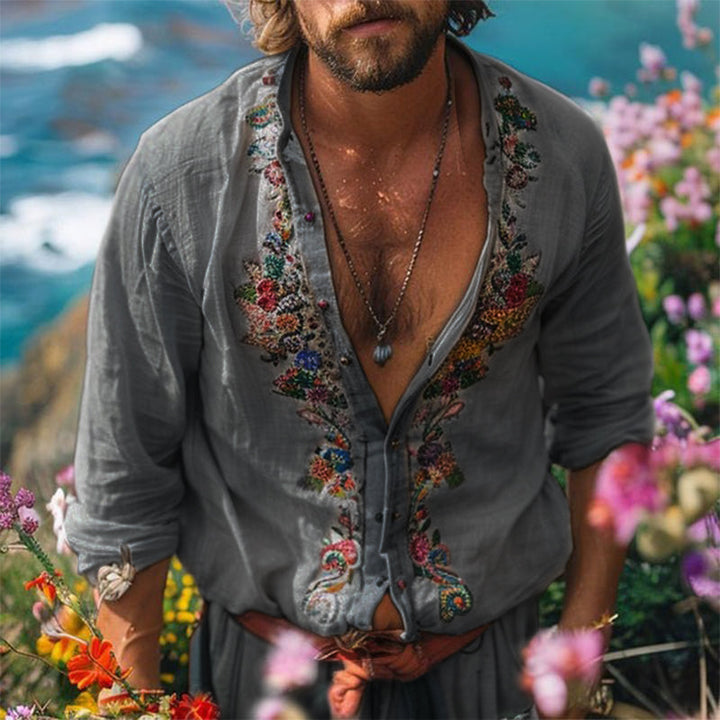 Men's Bohemian Long Sleeve Shirt with Grandad Collar and Floral Embroidery