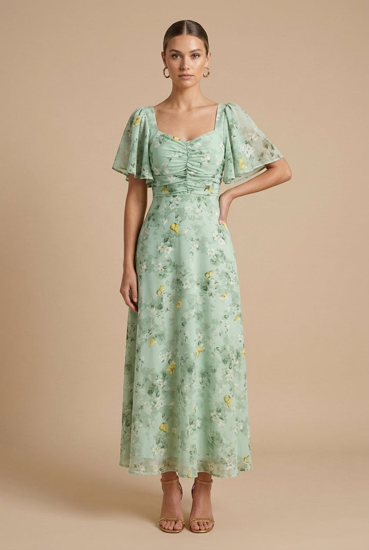 Women's Elegant Floral Maxi Dress Square Neck Flutter Sleeve