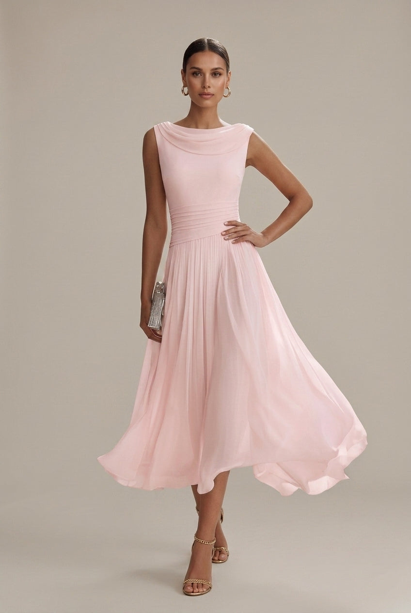 Women's Sleeveless Draped Neckline Pleated Midi Dress with Fitted Bodice