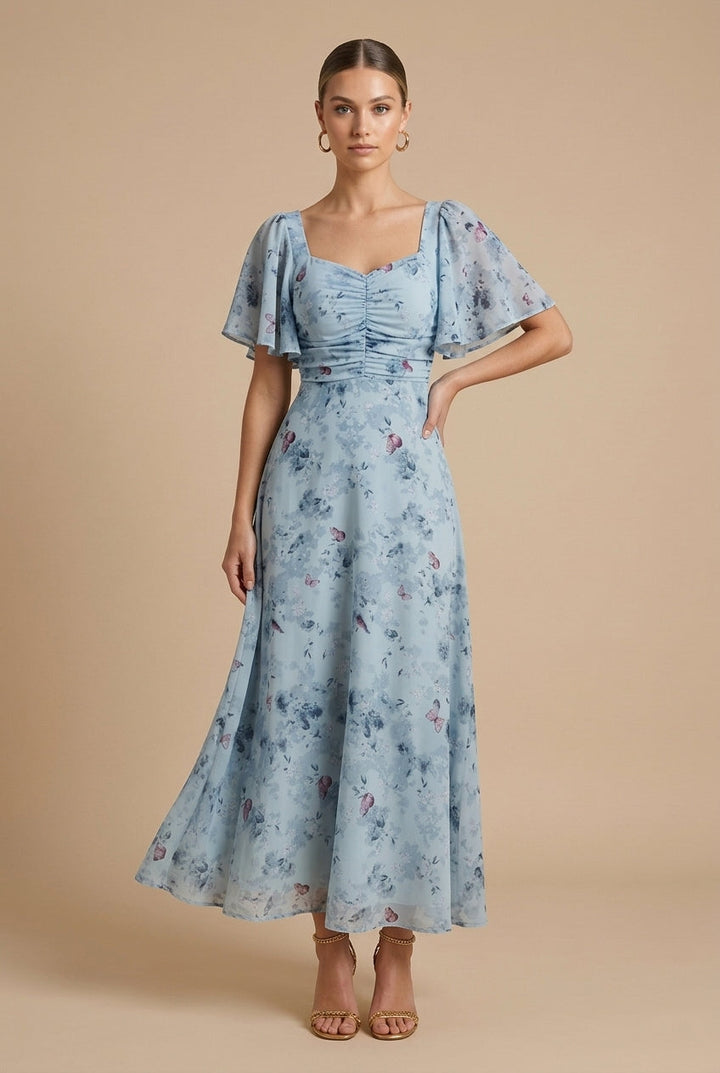 Women's Elegant Floral Maxi Dress Square Neck Flutter Sleeve
