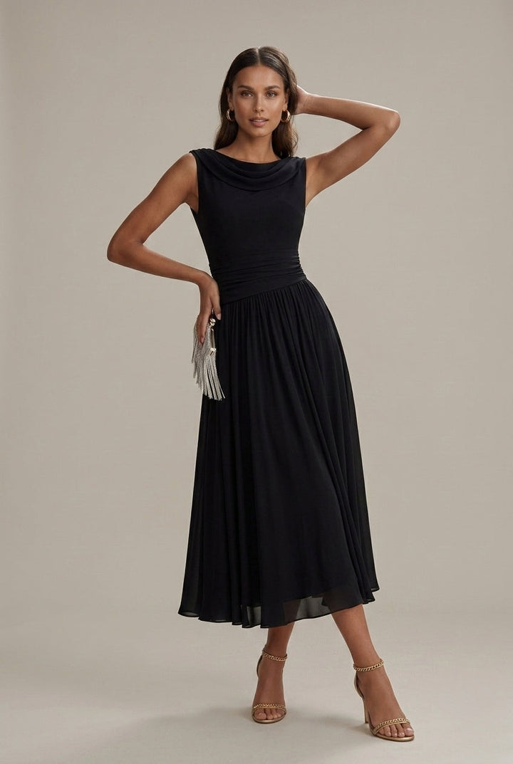 Women's Sleeveless Draped Neckline Pleated Midi Dress with Fitted Bodice
