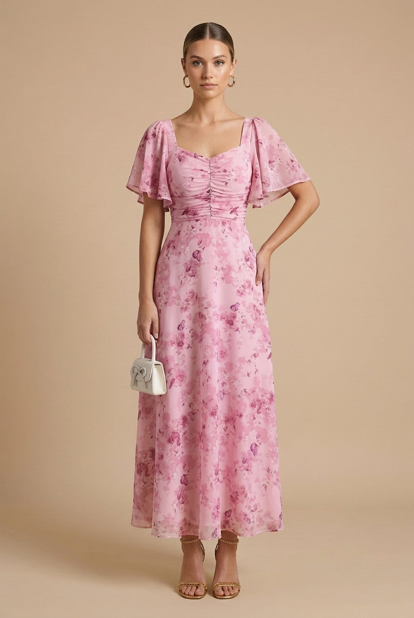 Women's Elegant Floral Maxi Dress Square Neck Flutter Sleeve
