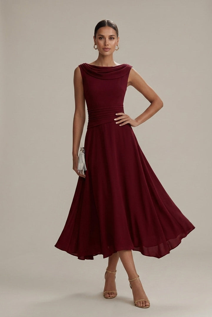 Women's Sleeveless Draped Neckline Pleated Midi Dress with Fitted Bodice