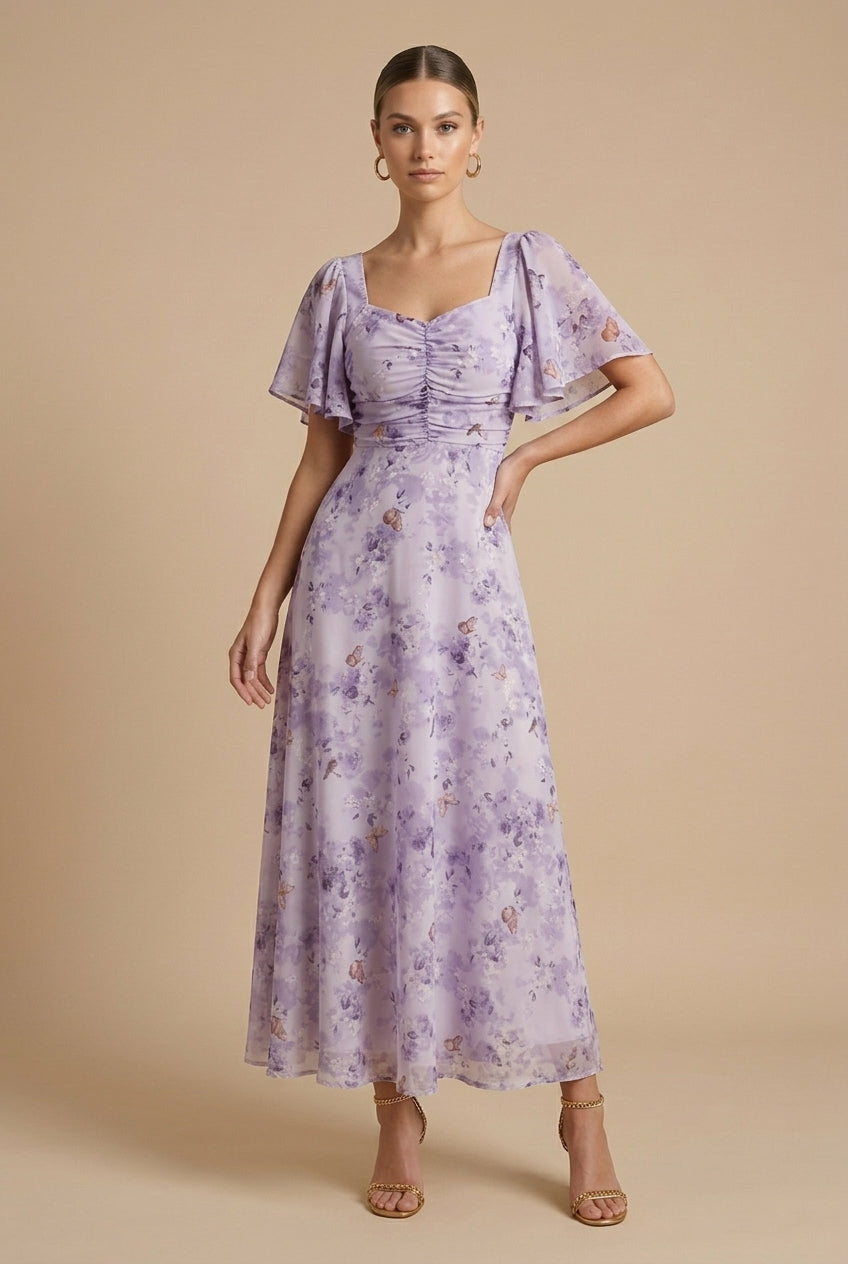 Women's Elegant Floral Maxi Dress Square Neck Flutter Sleeve