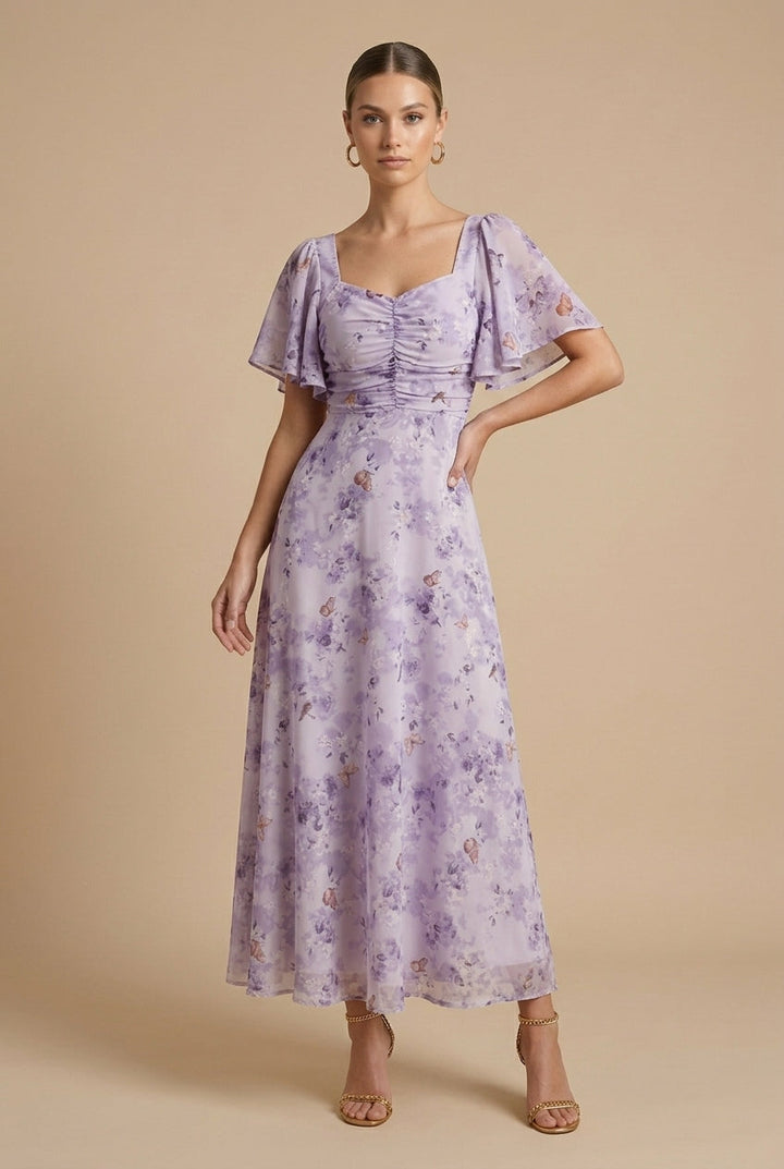 Women's Elegant Floral Maxi Dress Square Neck Flutter Sleeve