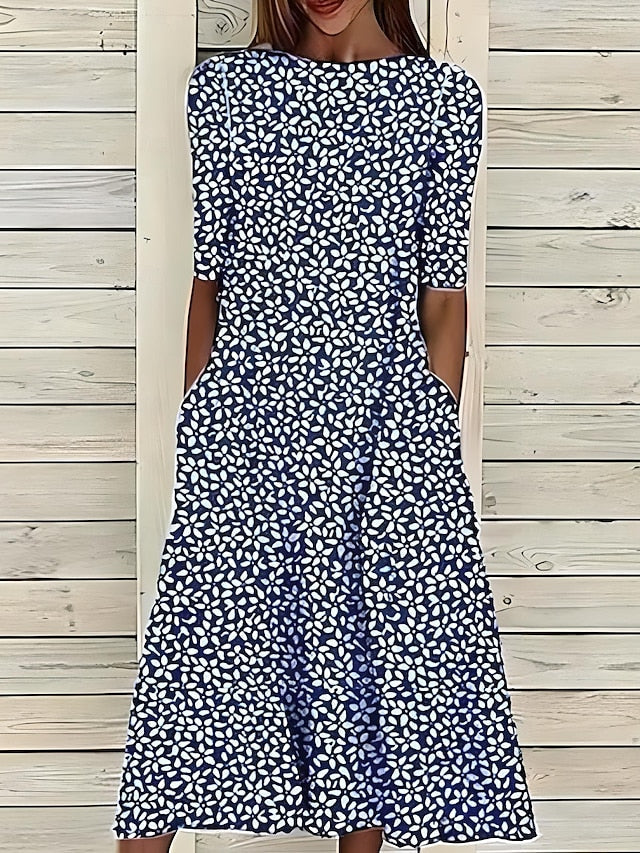 Floral Print Midi Dress Short Sleeve with Pockets